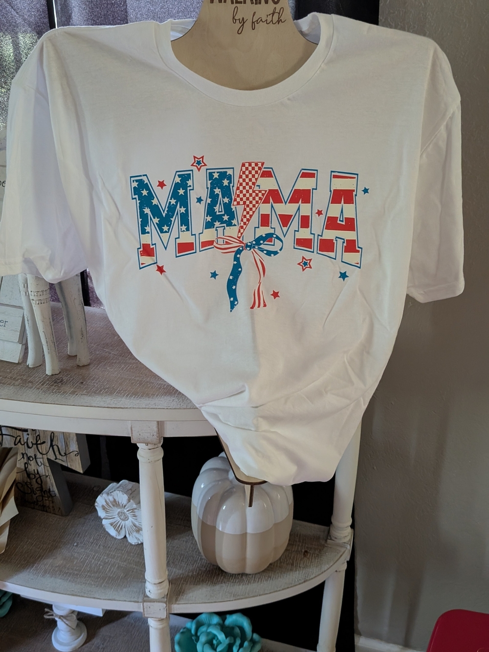 Mama Graphic Tee - White with Patriotic Red & Blue